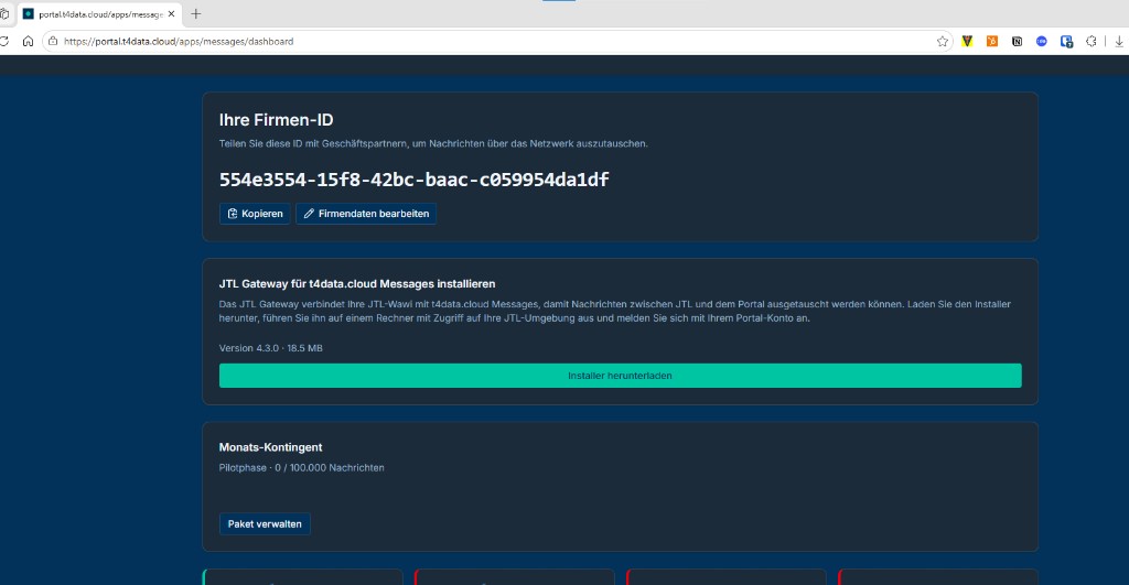 Screenshot: t4data.cloud Messages Dashboard mit Firmen-ID, JTL-Gateway-Installer und Monats-Kontingent